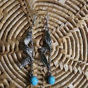Silver Leaf Dangle Earrings with Turquoise Color Accents